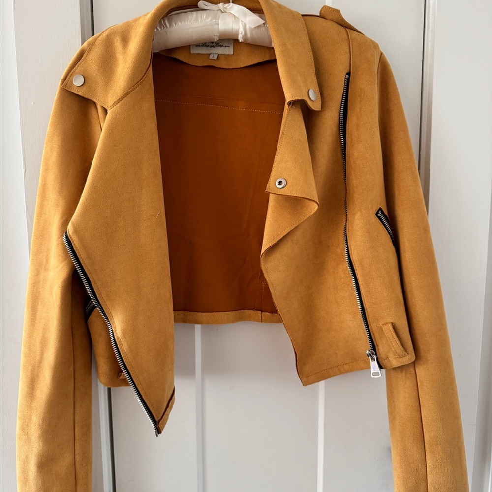 Suede Cropped Moto Jacket in Mustard - Women